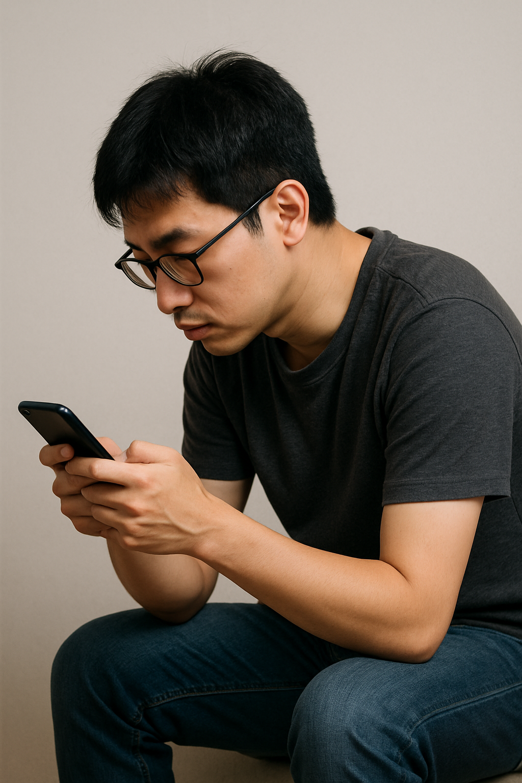 구부정한 자세로 휴대폰 보는 남성