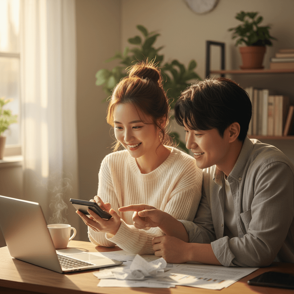 거실 테이블에 앉아 계산기와 노트북으로 연말정산 서류를 검토하며 미소 짓는 부부의 모습