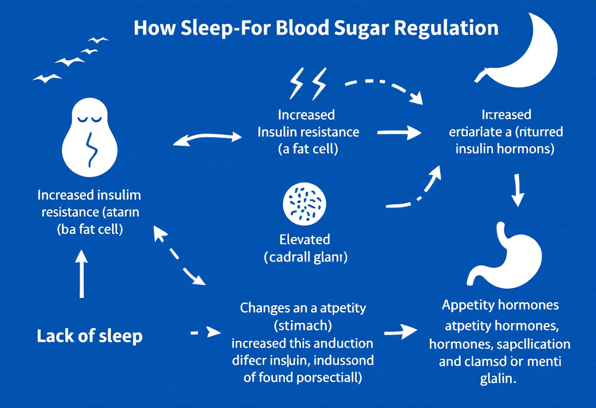 "수면이 혈당 조절에 영향을 주는 메커니즘 요약 다이어그램: 인슐린 저항성 증가, 코르티솔 상승, 식욕 호르몬 변화 등"
