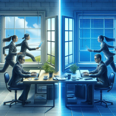 사무실 창을 통해 현실과 디지털 세계를 넘나드는 사람들