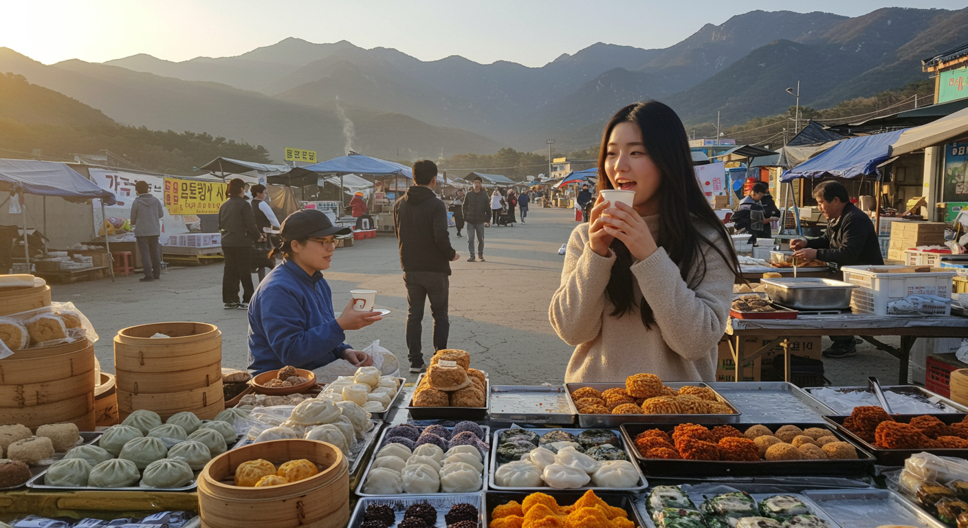강원도 해돋이 후 따뜻한 차와 지역 시장 음식을 즐기는 모습