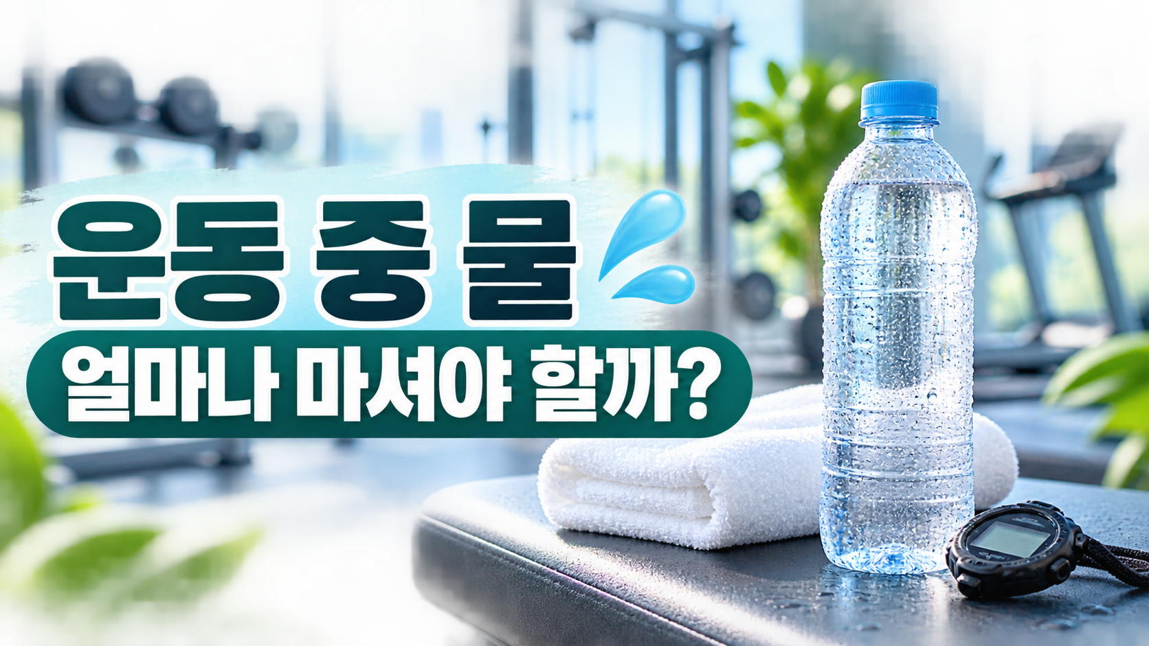 밝은 헬스장 운동 벤치 위 물병과 수건, 운동 중 물 얼마나 마셔야 할까 문구가 들어간 썸네일
