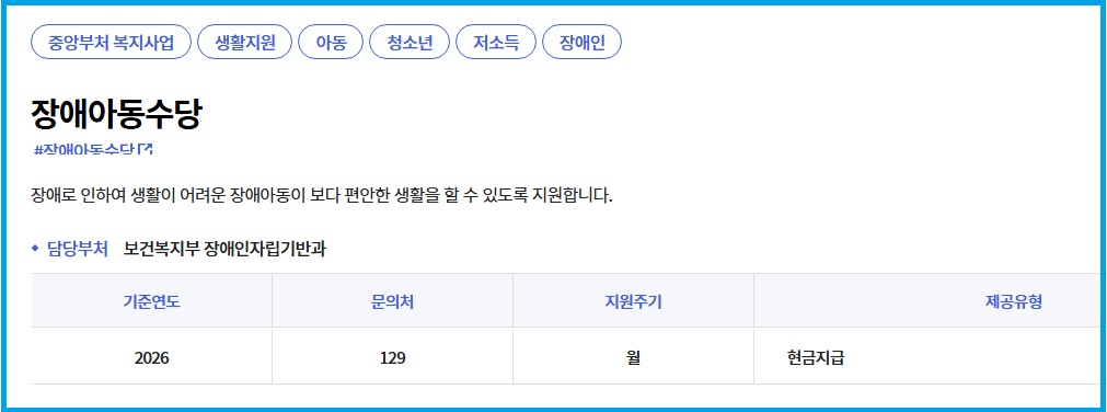 복지로 홈페이지 장애아동수당 지원내용 안내