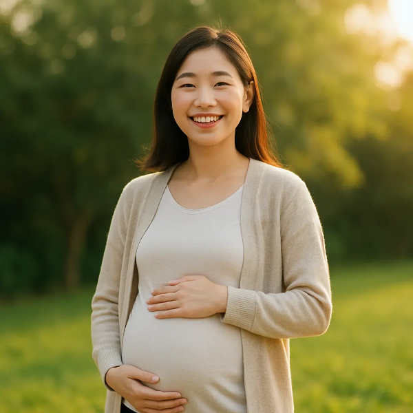 햇살 가득한 들판에서 두 손으로 배를 감싸며 미소 짓는 임신한 젊은 한국인 여성의 밝고 평화로운 이미지