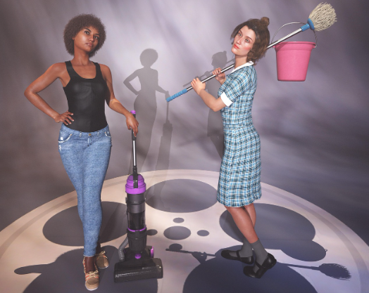 아르바이트를-위해-청소기와-걸래를-들고-있는-여자-2명의-이미지