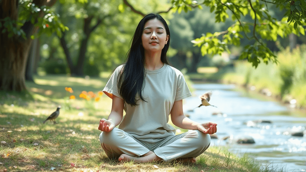 20대 여자 대학생이 자연 속에서 명상하며 휴식을 취하는 모습