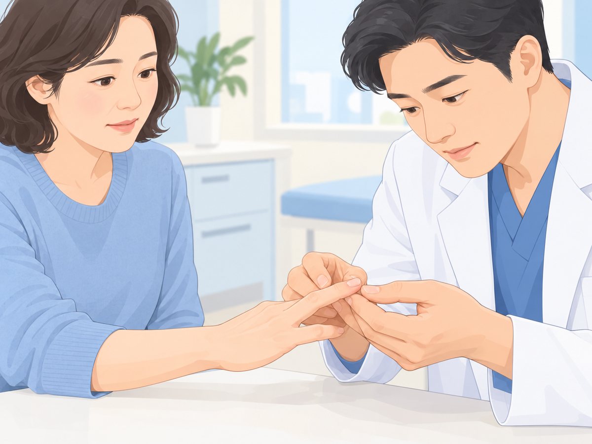 의사가 환자의 가운뎃손가락 끝마디를 받쳐 살펴보는 진찰 장면