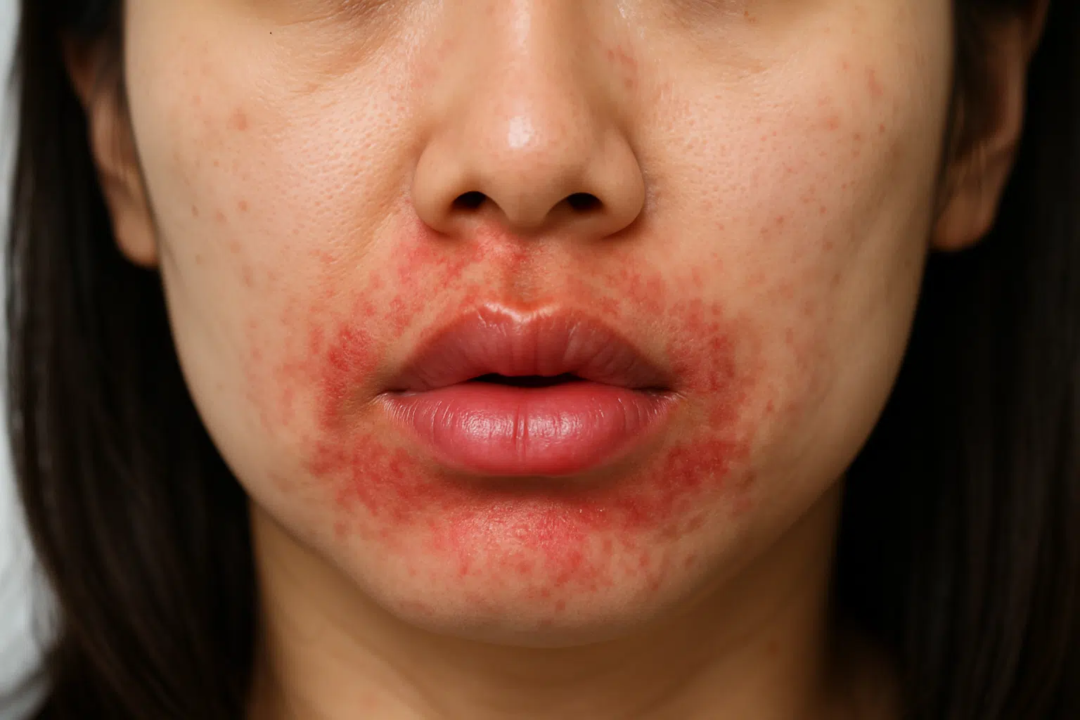립스틱이나 치약, 음식에 알레르기 반응을 보이는 입술 클로즈업. 입 주변에 붉은 발진 또는 부어오른 증상