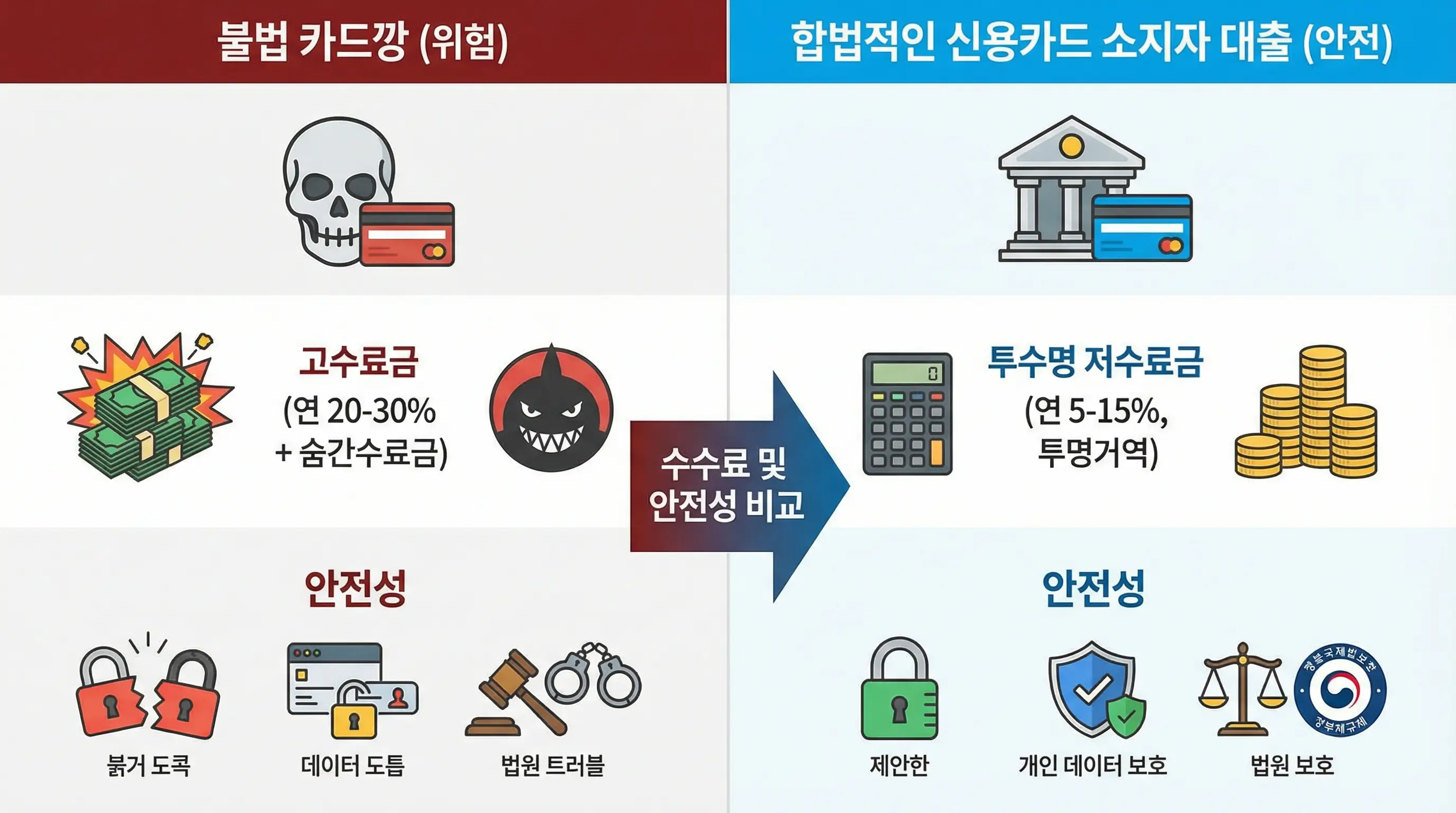 불법 카드깡과 합법적인 신용카드 소지자 대출의 수수료 및 안전성을 비교하는 인포그래픽