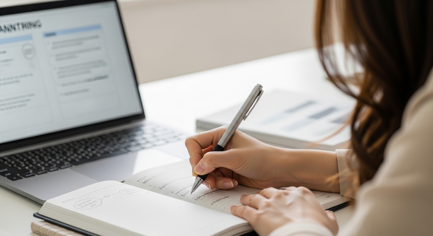 20대 후반에서 30대 초반의 한국인 여성이 펜을 들고 깔끔한 플래너에 아이디어나 주간 계획을 꼼꼼히 기록하는 모습. 현대적인 책상 위 노트북 화면에는 브레인스토밍이나 할 일 목록이 보이며, 계획과 자기 성찰의 중요성을 강조합니다.