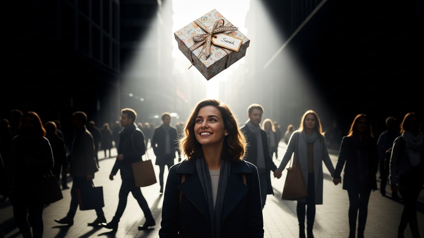 Silhouettes of many people passing by, but a spotlight shines on only one person, with a personalized gift box floating above their head.