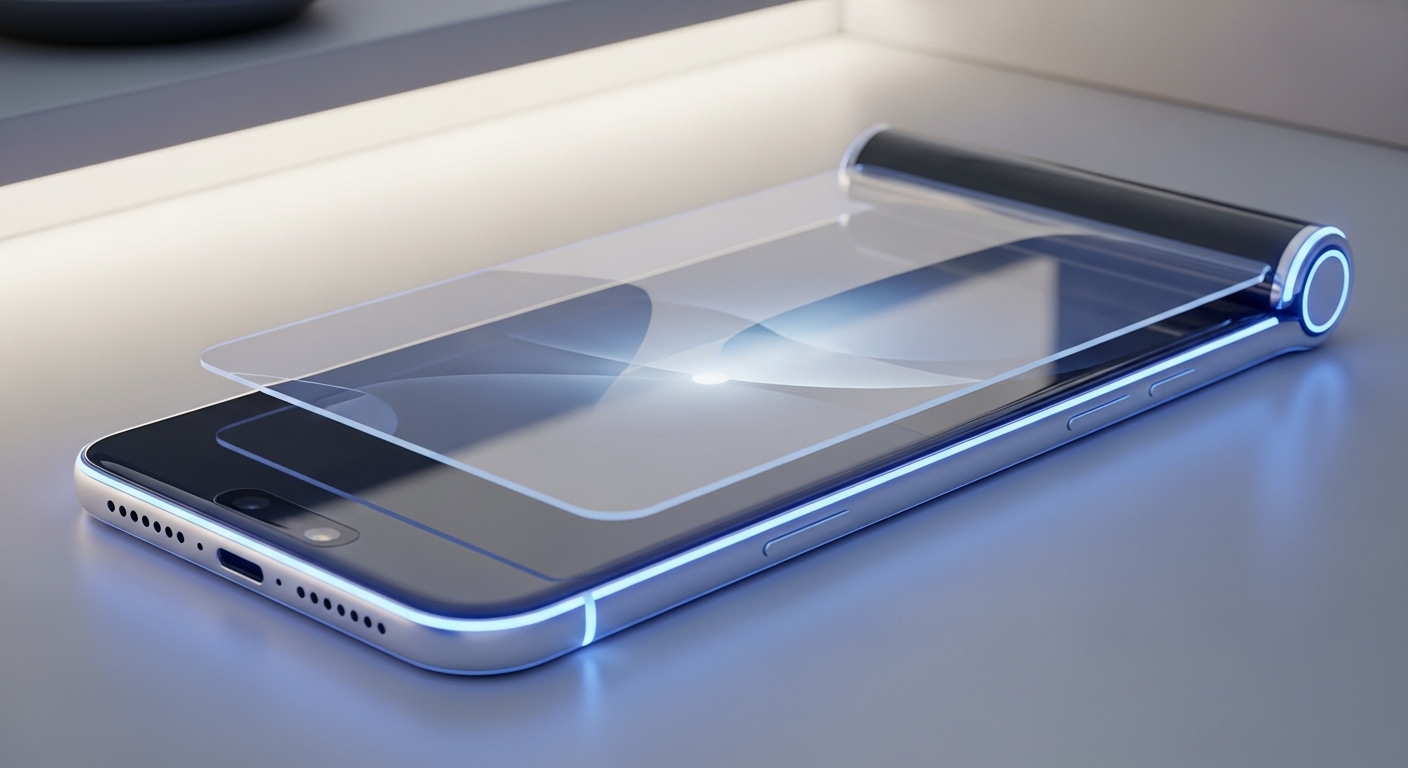 투명 디스플레이와 롤러블 스크린 기술이 적용된 미래형 스마트폰.