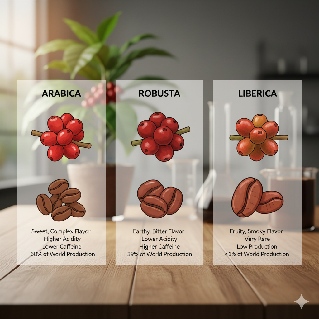 커피 품종 비교 아라비카 로부스타 리베리카 차이를 설명하는 일러스트. 세 가지 커피 열매의 색상과 크기, 원두 형태를 시각적으로 보여주는 이미지(이미지 생성:google)