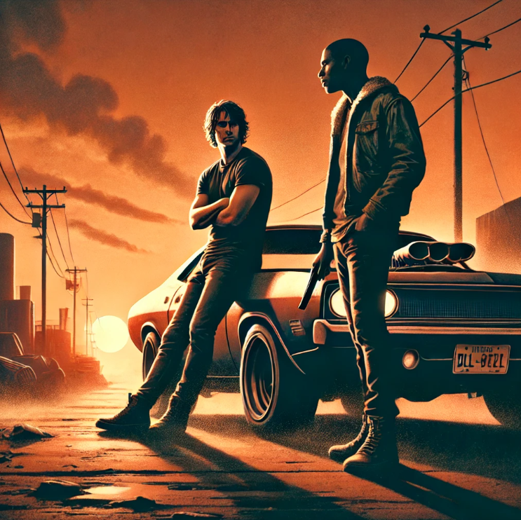 황혼 속 머슬카 옆에 선 두 남자