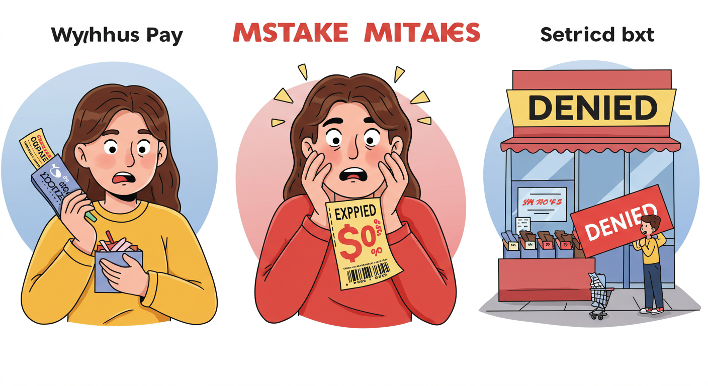 소비쿠폰 사용 중 흔히 저지르는 세 가지 실수를 보여주는 콜라주 일러스트