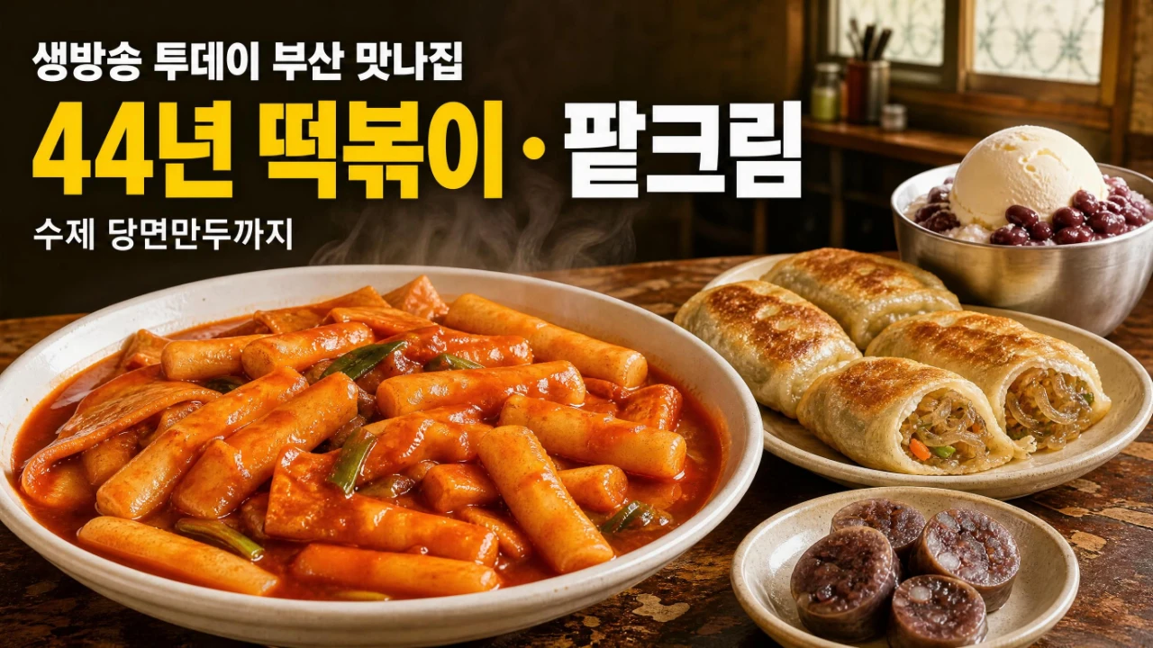 생방송 투데이 부산 덕천 맛나집의 떡볶이 당면만두 팥크림을 소개하는 이미지