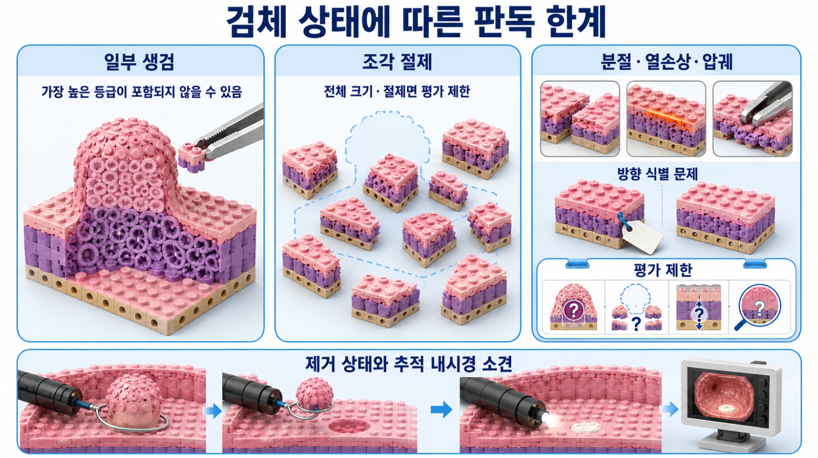 일부 생검·조각 절제·분절·열손상·압궤·방향 식별 문제에 따른 병리 판독 한계와 추적 내시경
