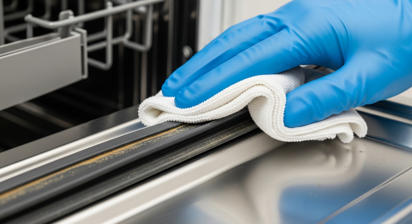 식기세척기 고무 패킹을 깨끗한 천으로 닦는 손.