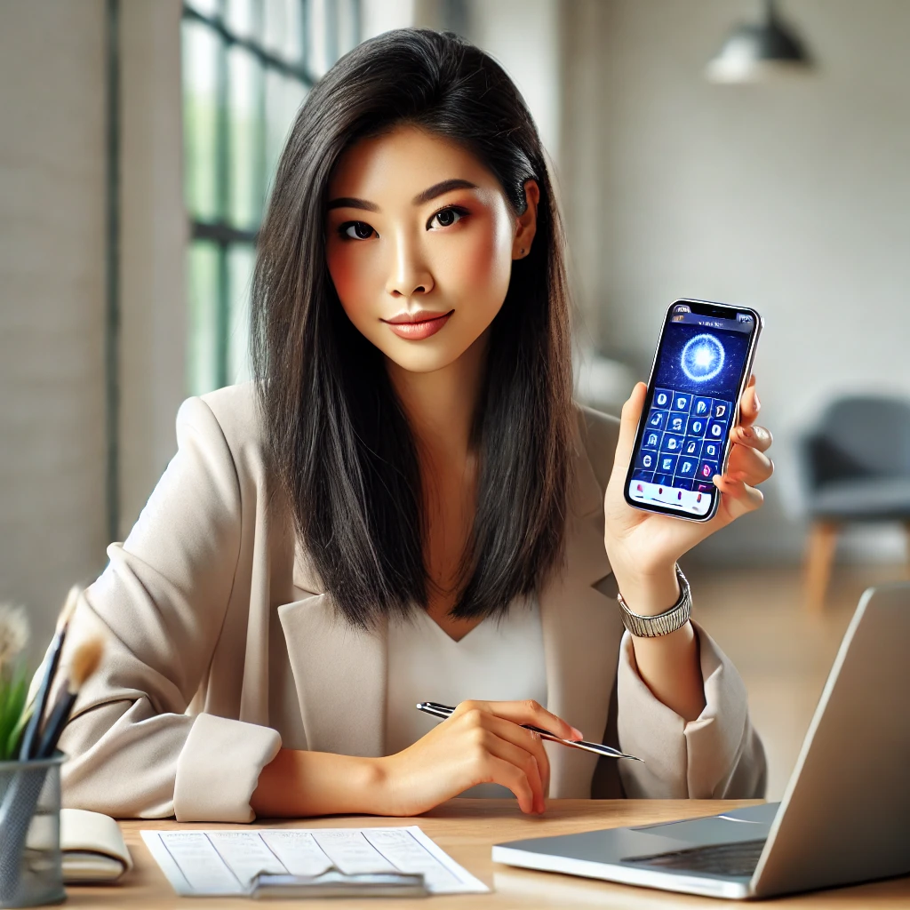 20대 후반의 한국 여성이 현대적인 책상에 앉아 노트북과 함께 스마트폰의 별자리 운세 앱을 사용하며 호기심과 몰입된 표정을 짓고 있는 모습, 밝고 미니멀한 사무실 배경