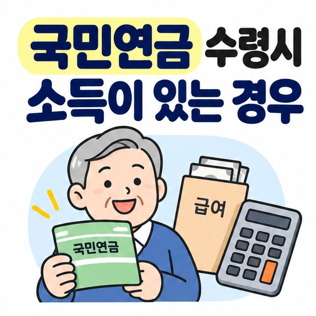 국민연금 수령시 소득이 있는 경우 문구와 연금통장, 월급봉투, 계산기 아이콘을 보여주는 대표 카드