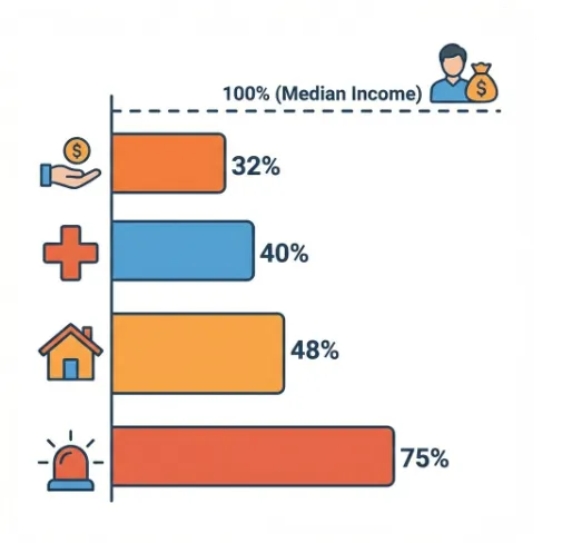 1인가구 지원금 신청방법: 중위소득 32%~75% 기준에 따른 5가지 급여별 선정기준 금액(82만원~192만원)을 시각적으로 전달하며&amp;#44; 블로그의 1인가구 지원금 신청 조건 비교와 관련된 내용을 설명함 