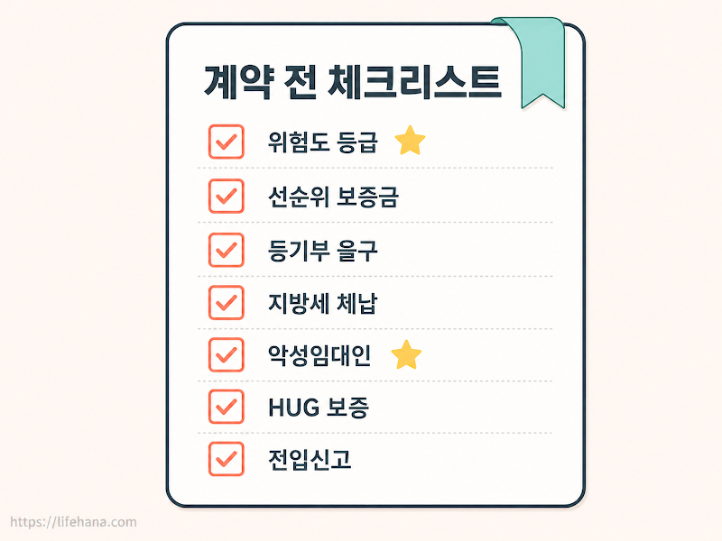 전세 계약서 도장을 찍기 전 7단계 자가 진단 체크리스트 항목을 꼼꼼하게 검토하는 임차인의 모습 일러스트