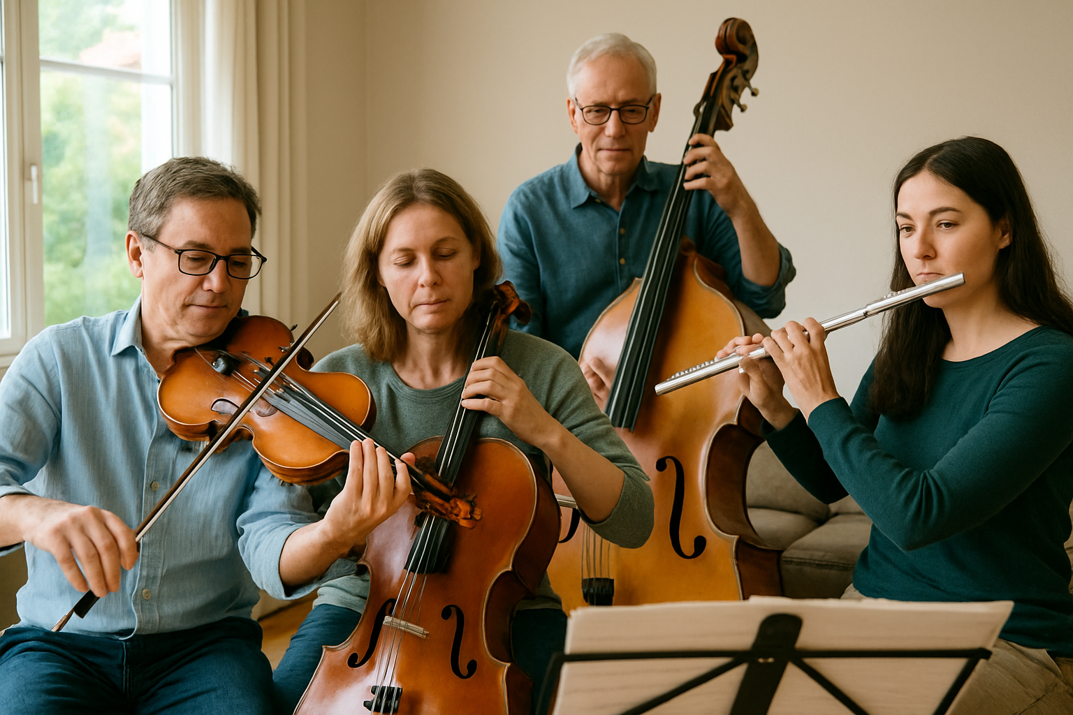 클래식 유학 꿈꾸는 성인들이 악기를 연주하고 있는 사진