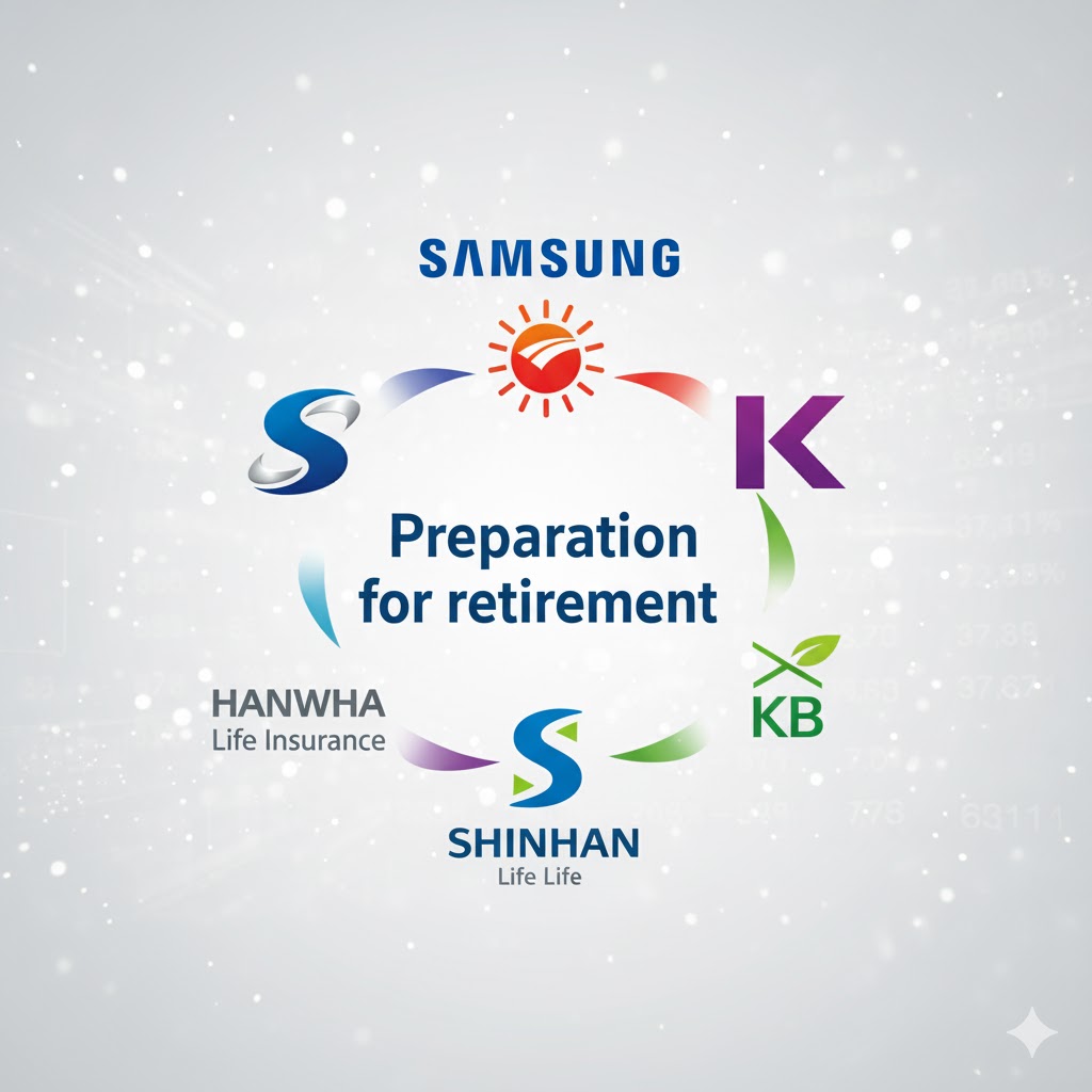 요 생명보험사 로고들이 모여서 '노후대비'라는 하나의 문구를 만드는 모습