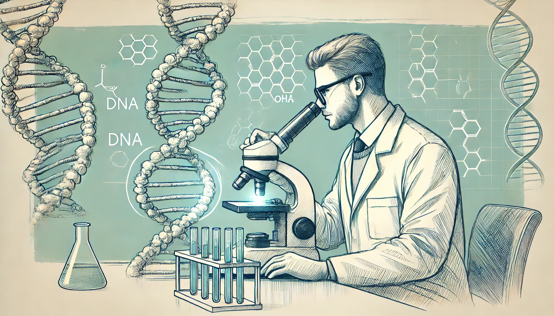유전자를 연구하는 과학자가 DNA 이중 나선을 분석하는 장면