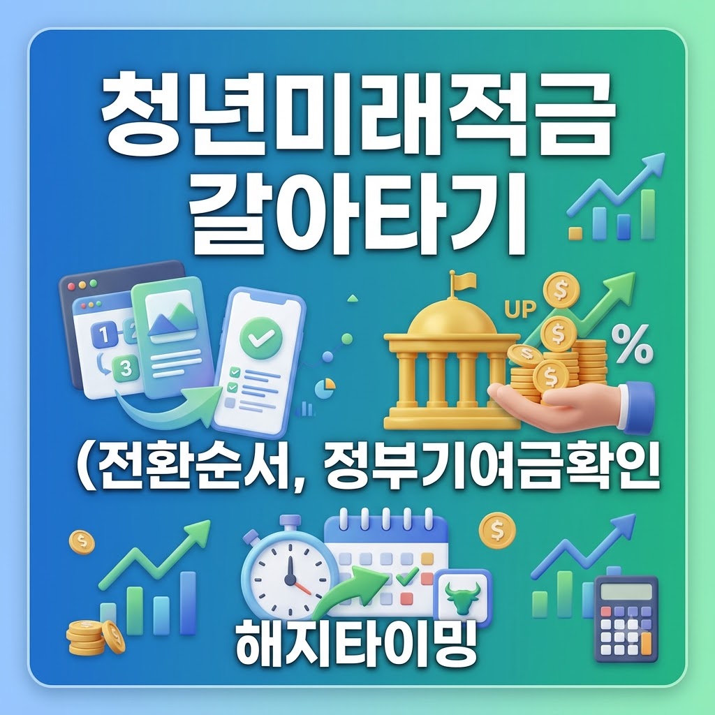 블루 및 그린 그라데이션 배경에 스마트폰, 건물, 동전, 시계 아이콘과 함께 '청년미래적금 갈아타기 (전환순서, 정부기여금확인, 해지타이밍)'라는 흰색 글자가 적혀 있다