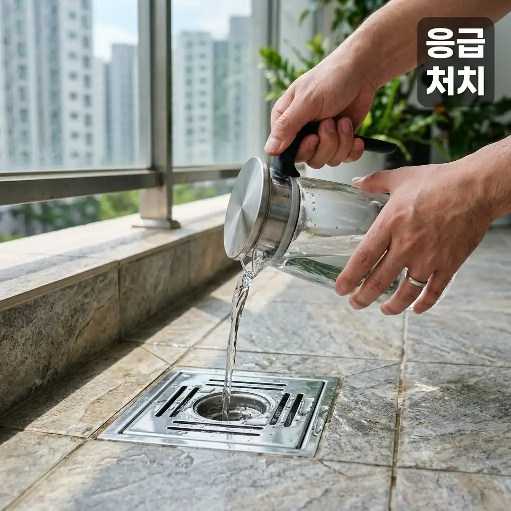 베란다 하수구 악취를 없애기 위해 배수구에 물을 부어 봉수를 채우는 5분 응급 처치법