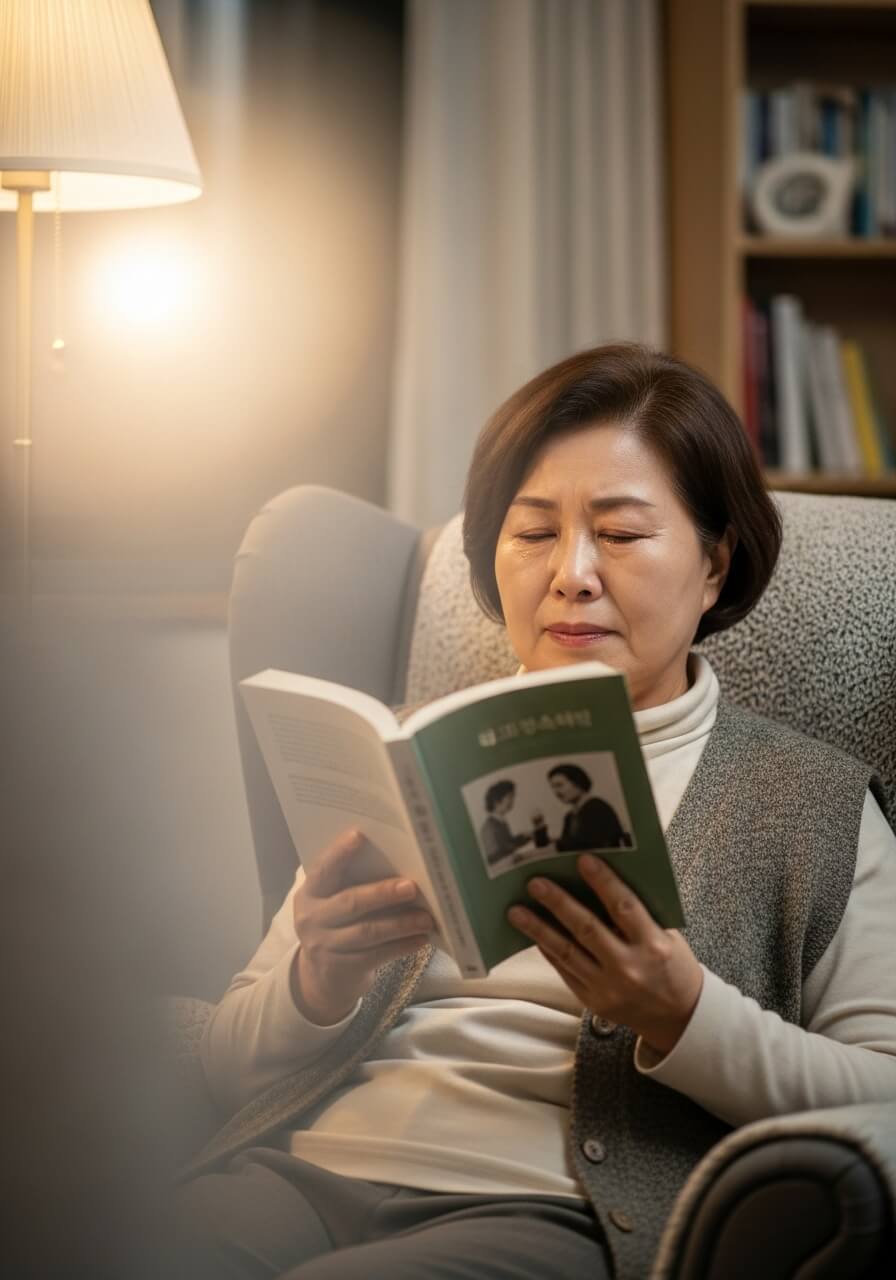 백내장 초기 증상으로 시야가 흐려져 책 읽기에 불편함을 느끼는 중년 여성