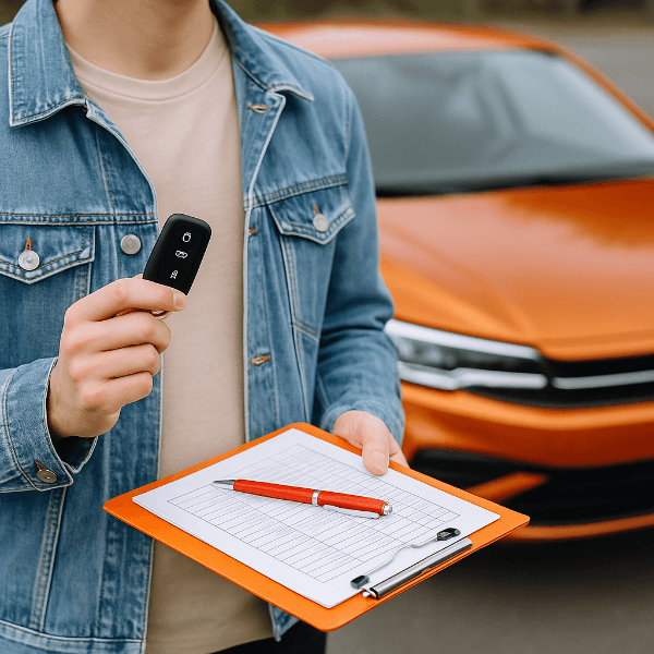 중고차 시세 확인을 상징하는 차량 열쇠와 서류 클립보드