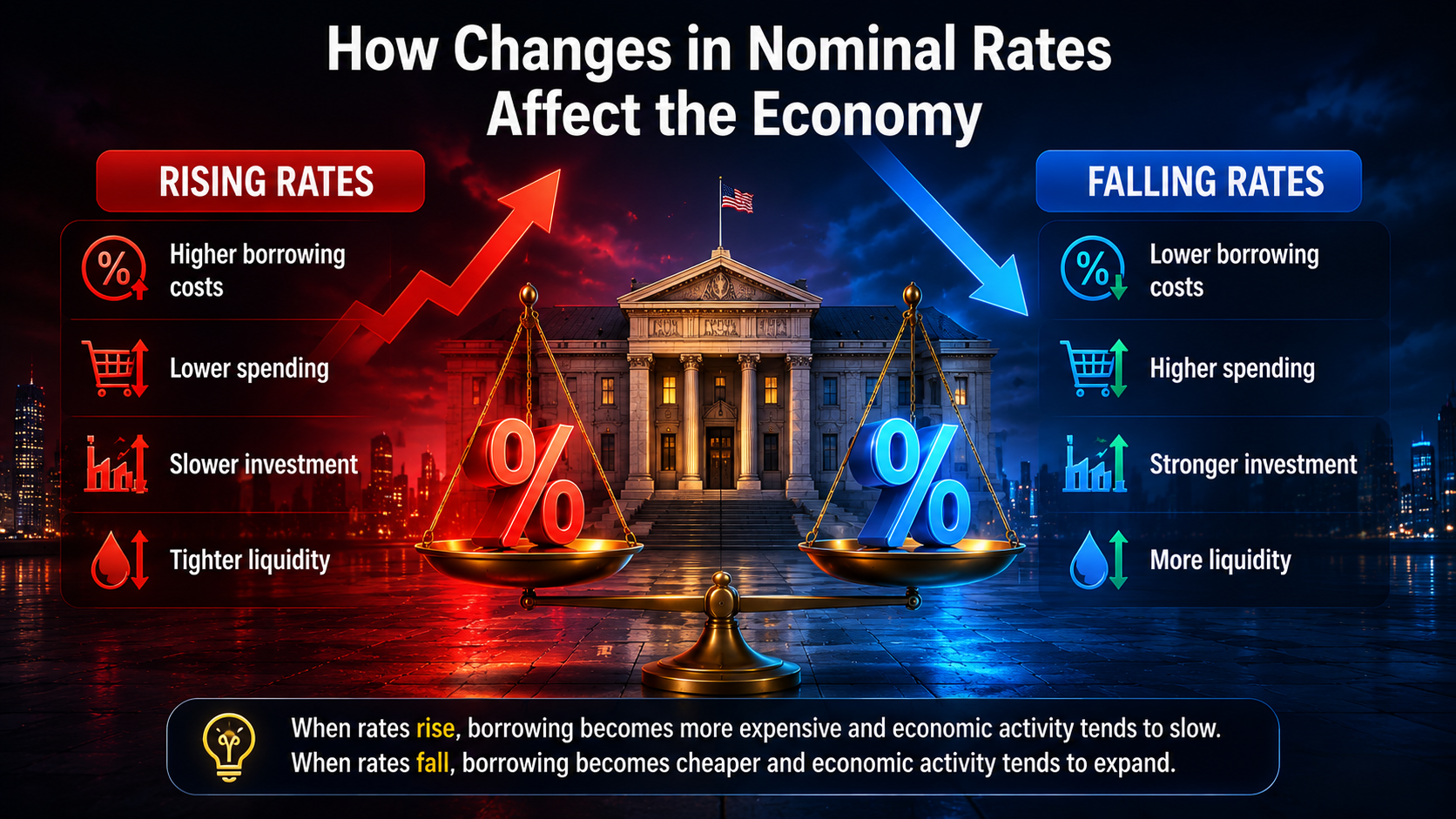 Infographic showing the economic effects of rising and falling nominal interest rates on borrowing costs, spending, investment activity, and liquidity.