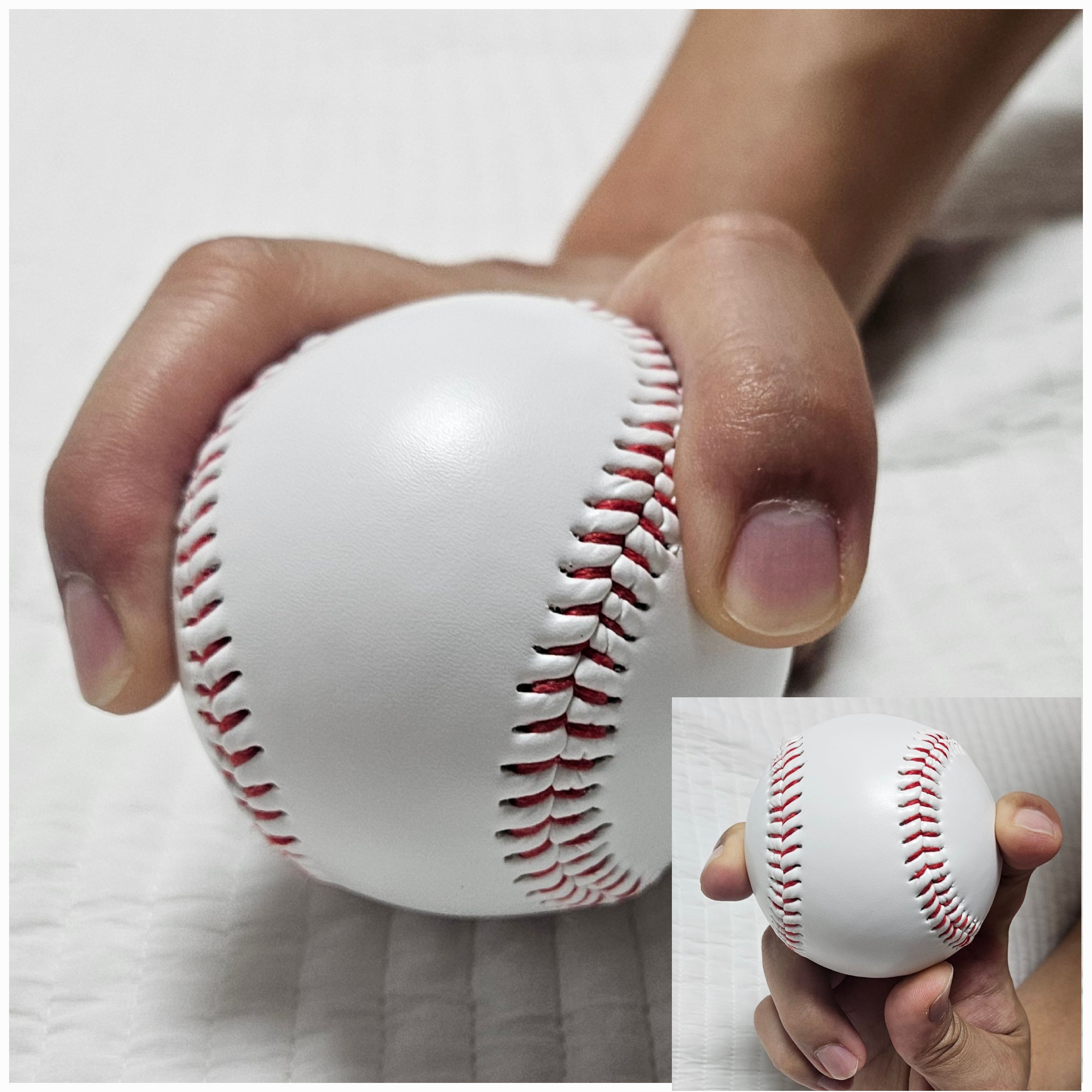 스플리터 그립, 투심과 비슷하게 잡되 실밥 바깥쪽으로 공을 잡는다. 작은그림은 포크볼 그립