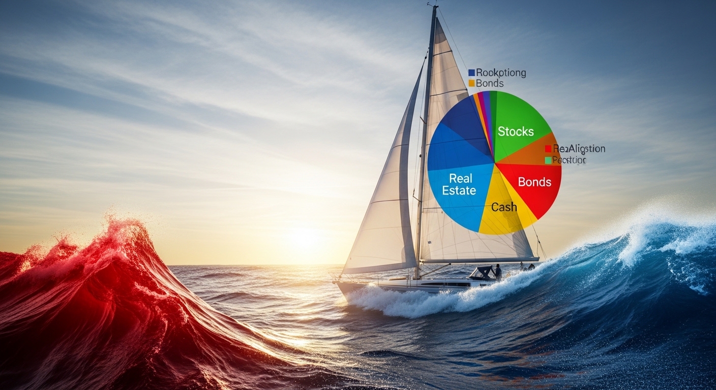 거친 파도(환율 변동성) 위를 여유롭게 항해하는 튼튼한 돛단배(자산 배분 포트폴리오) 이미지