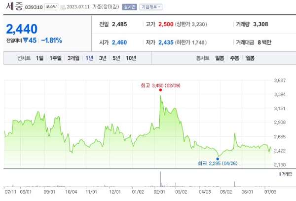 여행 관련주 대장주 세중 주가 전망
