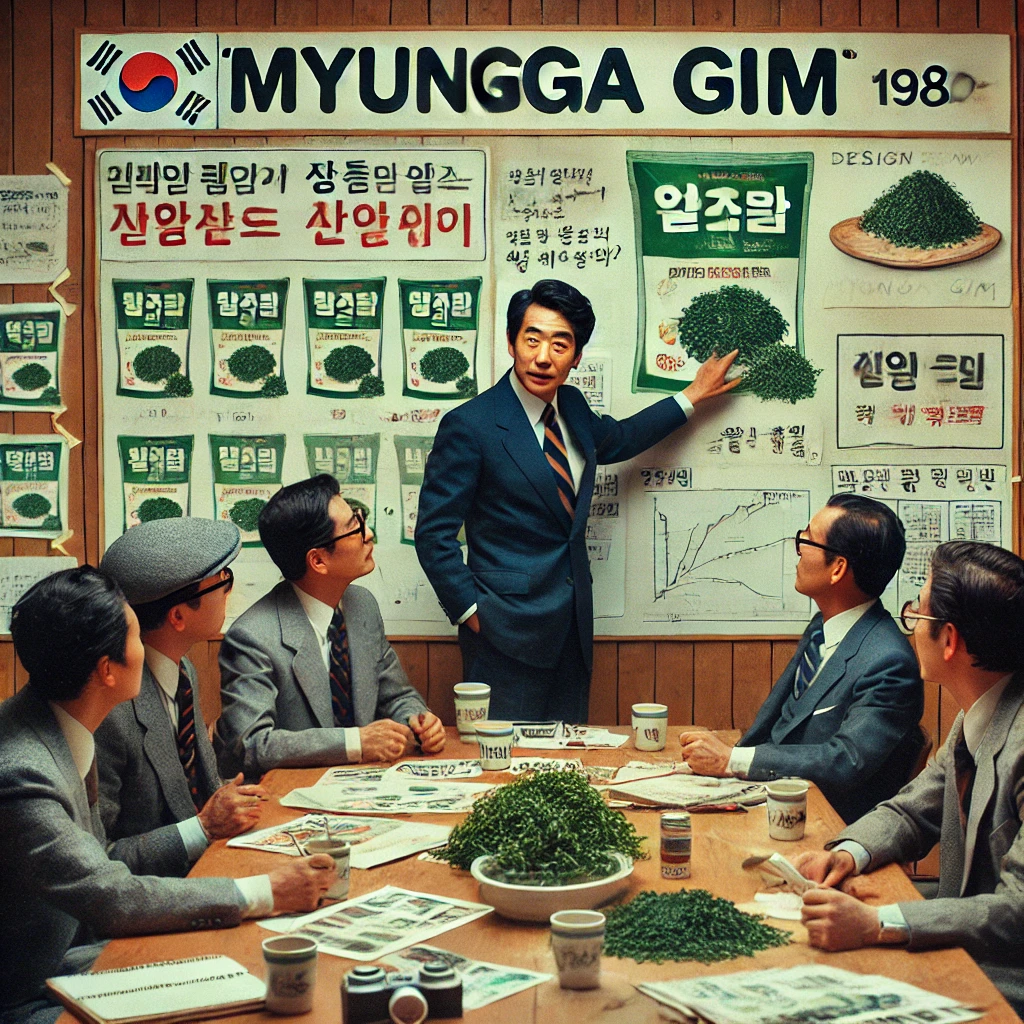 명가김 소규모 회의실에서 팀원들과 함께 브랜드 전략을 설명하는 순간