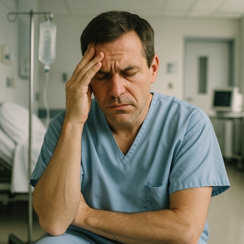 병원에서 환자가 걱정스러운 표정으로 앉아 있는 모습, 유병률에 대해서 설명을 위해 보조자료로 만든 사진