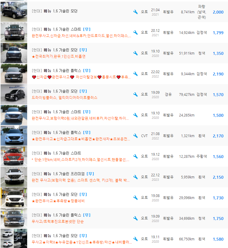 베뉴 1.6 가솔린 등급 중고차 가격 : 1,199만원 ~ 2,350만원