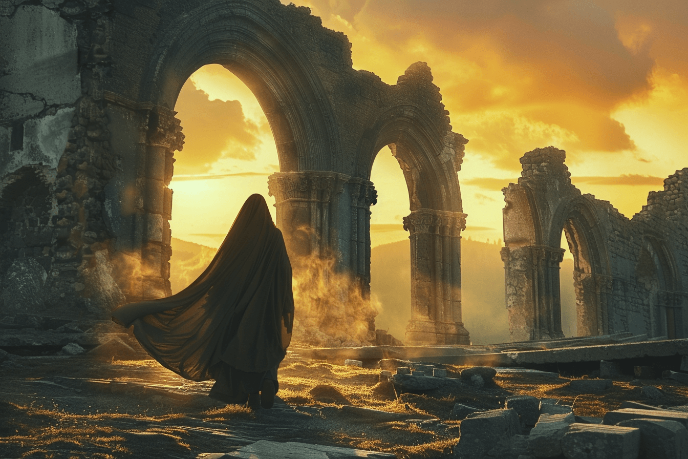 밝은-태양이-비추는-허물어진-신전-사이를-걸어가고-있는-망토를-두른-전사-이미지