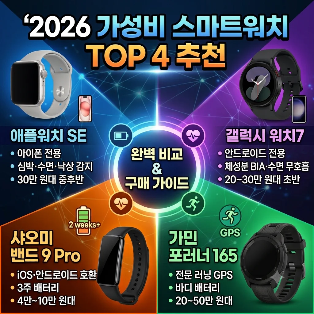 2026 가성비 스마트워치 추천 TOP 4 실거래가 비교 애플워치 SE 갤럭시 워치7 샤오미 밴드9 가민 포러너165
