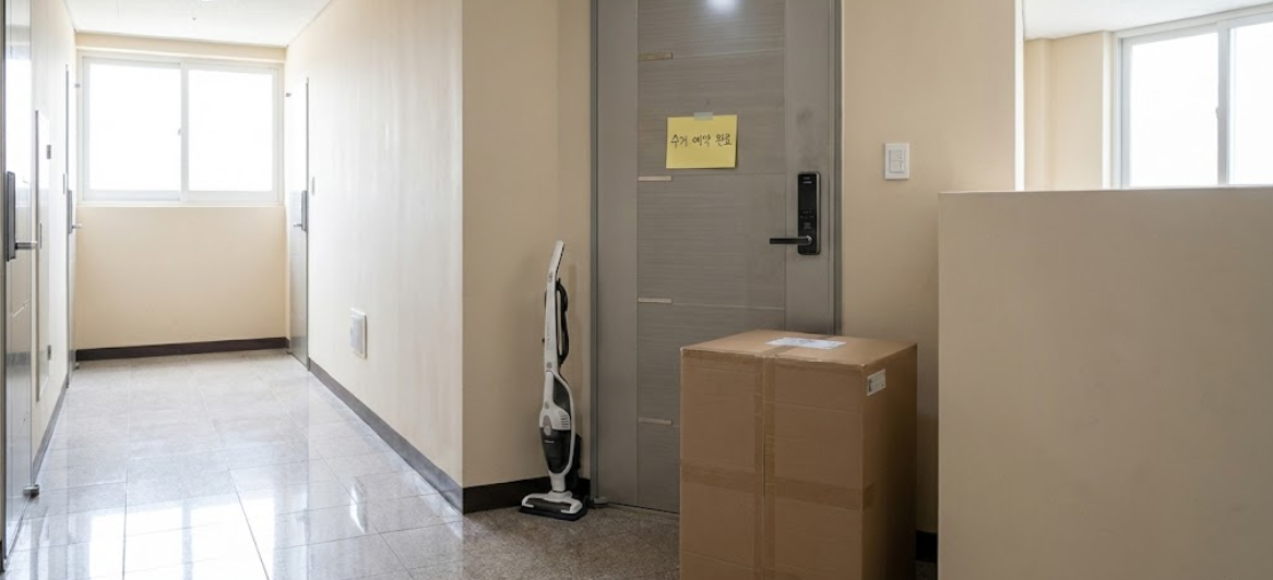 현관문 앞에 정갈하게 놓인 폐가전과 수거 완료 스티커