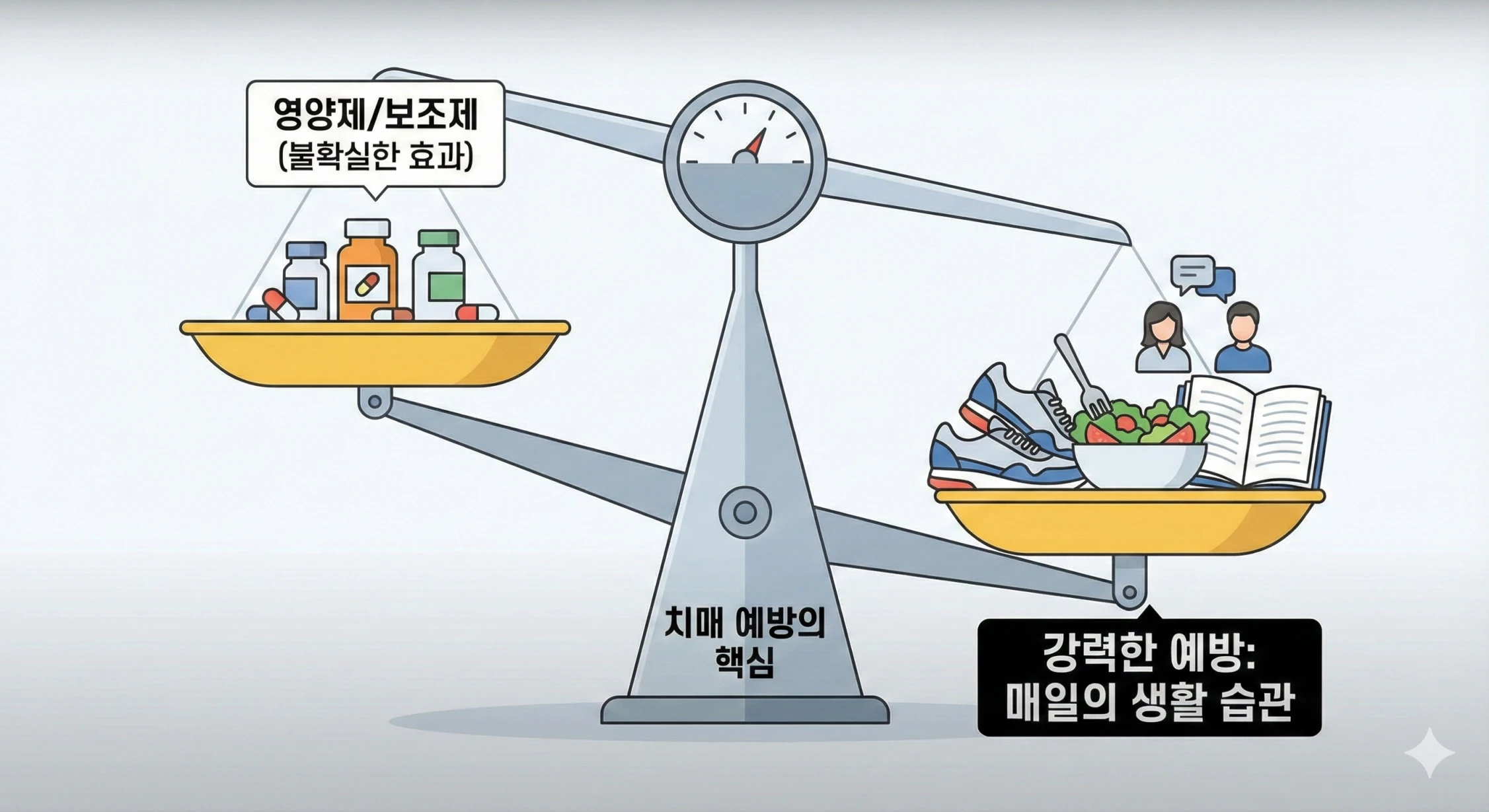 양팔 저울 모양의 인포그래픽. 가볍게 위로 들린 왼쪽 접시에는 약병과 캡슐 아이콘들이 '영양제/보조제 (불확실한 효과)'라는 텍스트와 함께 놓여 있고, 무겁게 아래로 내려앉은 오른쪽 접시에는 운동화, 샐러드, 책, 대화하는 사람들 아이콘이 '강력한 예방: 매일의 생활 습관'이라는 텍스트와 함께 놓여 있어, 생활 습관이 치매 예방에 훨씬 중요함을 강조함.