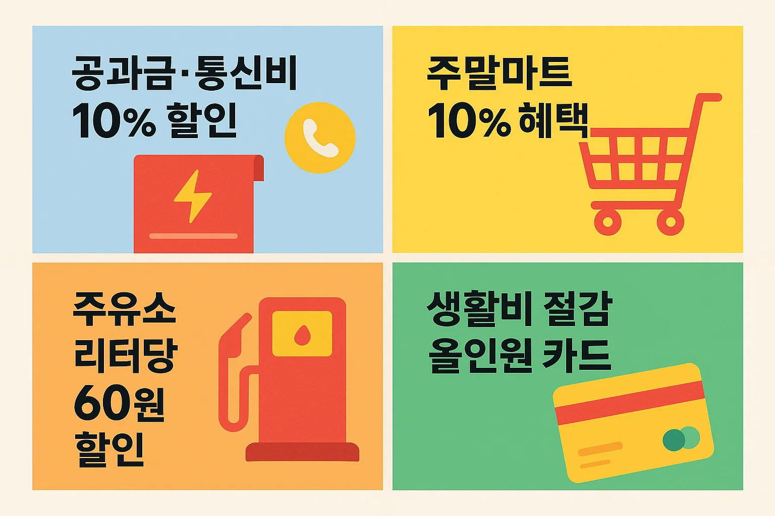 공과금&middot;통신비 10% 할인, 주말마트 10% 적립, 주유소 리터당 60원 할인 등 생활비 절감을 위한 신한카드 미스터라이프의 주요 혜택을 정리한 인포그래픽.