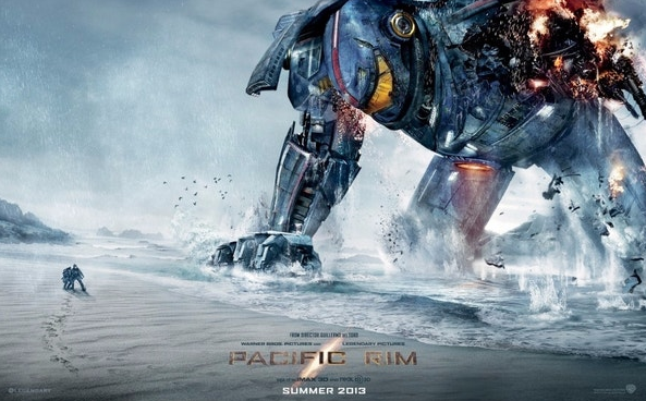 영화 퍼시픽림의 포스터 훼손이 많이 된 거대한 로봇이 얼음 빙하지역에 쓰러지고 있는 모습