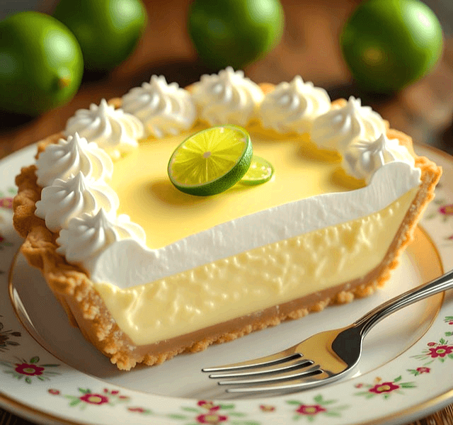 하얀 꽃접시에 파이 한조각이 있다. 파이 위에는 하얀 생크림과 청귤조각이 올려졌다.