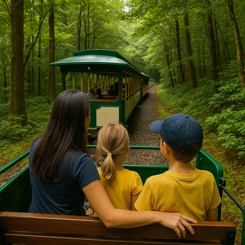 에코랜드 숲속을 기차 타고 이동하는 가족의 뒷모습