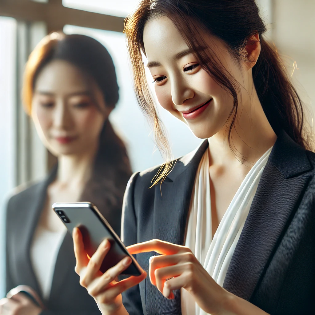 창가에서 스마트폰을 보며 미소 짓는 30대 한국 여성