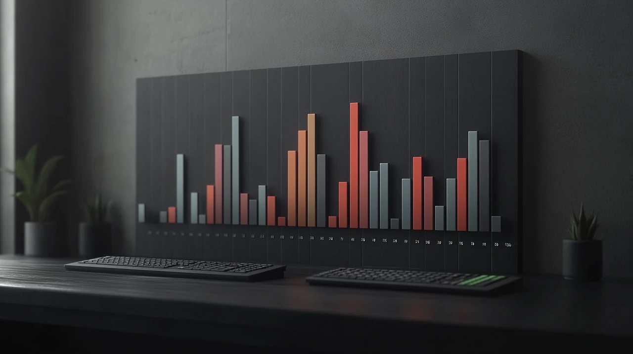 우아한 금융 보고서 스타일로 KODEX, ARIRANG, TIGER와 같은 S&P500 ETF 성과를 비교하는 다채로운 차트를 표현, 차가운 색감과 자연스러운 실내 조명이 돋보임